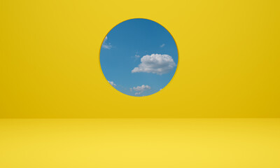 3d rendering. Abstract yellow background scene minimal geometric with cloud blue sky.