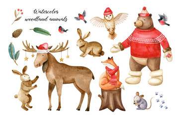 Christmas forest animals in fairy cartoon style. Watercolor set, hand drawn illustrations isolated on white background.