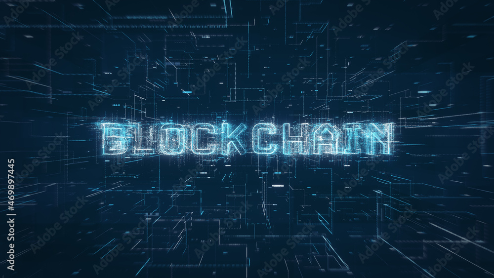 Poster Blockchain title key word on a binary code digital network background