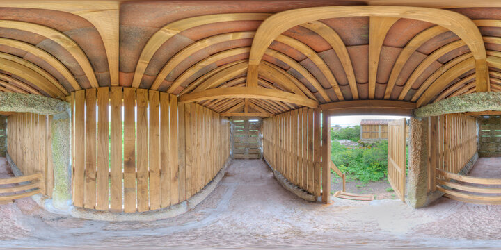 360&ordm; panoramic view of the interior of a h&oacute;rreo, a typical Galician grain storage building.