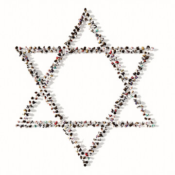 Concept or conceptual large gathering  of people forming the image of the religious hebrew star of David. A 3d illustration metaphor for Judaism and Israel, religion, spirituality, prayer or belief