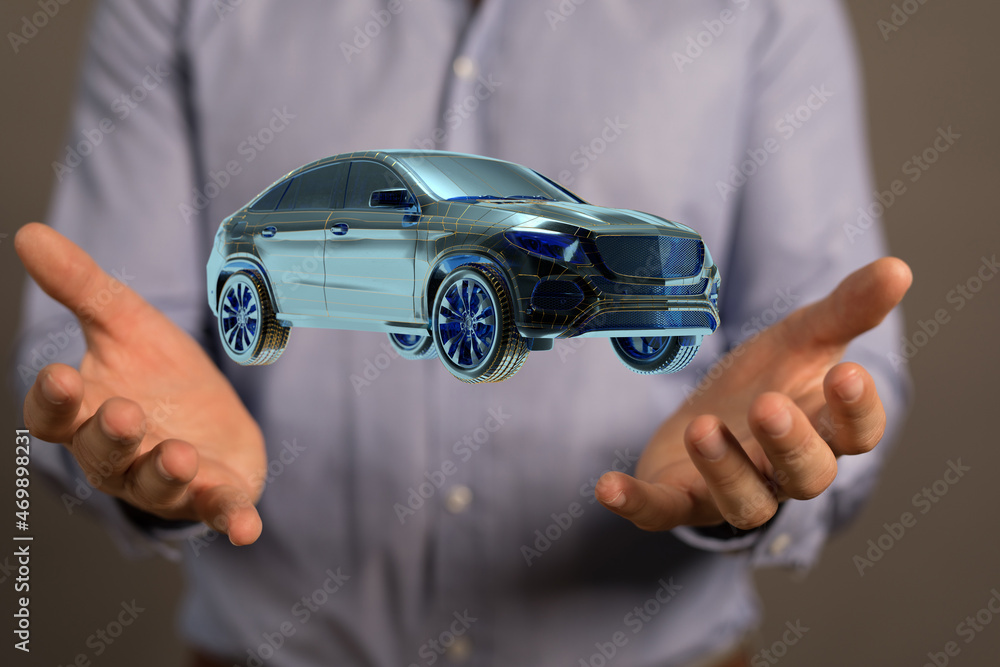 Poster electric car icon from lines, triangles and particle style