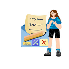 Letter with envelope and people. Young woman Sending Mail and document sheet. Business page and pencil. Chat with messages. Flat cartoon