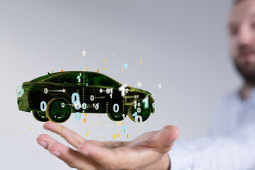 Hologram auto, futuristic polygonal model auto.