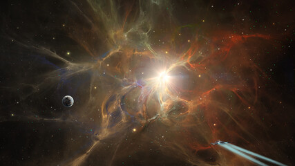 Space background. Colorful fractal nebula with planet and flying spaceship. Elements furnished by NASA. 3D rendering