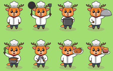 Vector Illustration Of Chef Deer cartoon. Vector set of Animal chef character in different actions. Cute animals in chef uniform set.