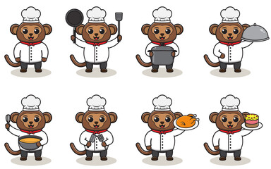 Obraz na płótnie Canvas Vector Illustration Of Chef Monkey cartoon. Vector set of Animal chef character in different actions. Cute animals in chef uniform set.