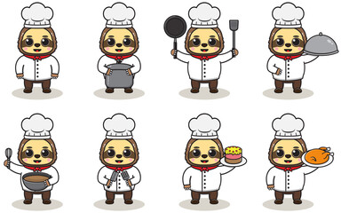 Vector Illustration Of Chef Sloth cartoon. Vector set of Animal chef character in different actions. Cute animals in chef uniform set.