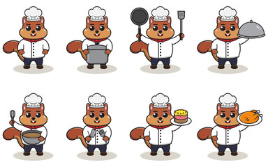 Vector Illustration Of Chef Squirrel cartoon. Vector set of Animal chef character in different actions. Cute animals in chef uniform set.
