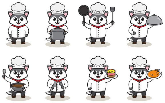 Vector Illustration Of Chef Wolf cartoon. Vector set of Animal chef character in different actions. Cute animals in chef uniform set.