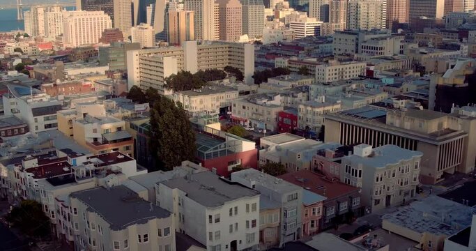 Aerial of San Francisco city skyline at sunset
