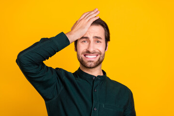 Photo of unhappy depressed young man wear smart casual outfit forget important thing arm forehead...