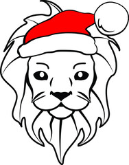 Lion Cub With Christmas Santa Hat Vector Illustration