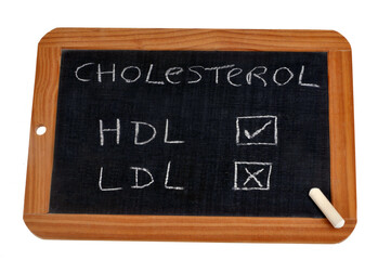 Concept de bon et mauvais cholestérol avec une ardoise d'école et une craie