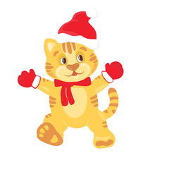 Christmas tiger in santa hat . Cute drawings of characters on the theme of the New Year on on white background. High quality