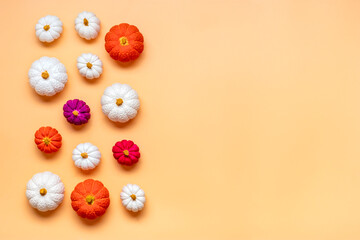 Orange, white, purple pumpkin and maple leaves isolated on beige background Top view Flat lay Hello autumn, happy thanksgiving concept Holiday card