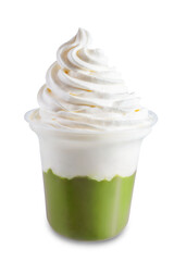 Kiwi ice cream or cocktails or dessert with whipped cream on a white isolated background