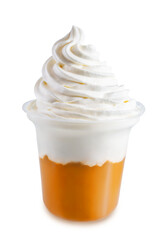 Orange ice cream or cocktails or dessert with whipped cream on a white isolated background