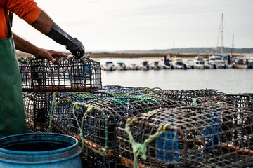 Fisherman puts crab inside octopus traps in Algarve, Portugal