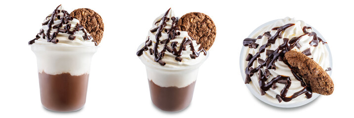 Chocolate cocktail or dessert with whipped cream on a white isolated background