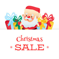 Christmas sale banner with a cartoon Santa Claus. Winter background with funny Santa Claus with colorful gift boxes. Vector illustration 10 EPS.