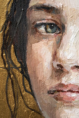 Oil painting. Portrait of a girl on a gold background. The art is done in a realistic manner.