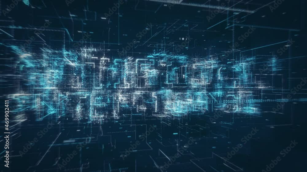 Poster AI artificial intelligence title key word build up animation on a binary code digital network background