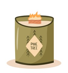 Scented candle in a jar with a wooden wick. Hygge time. Cozy aroma candle isolated on white background. Hand drawn flat vector illustration.