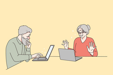 Modern happy lifestyle of pensioners concept. Smiling cheerful elderly mature couple man and woman sitting near laptops and using internet vector illustration 