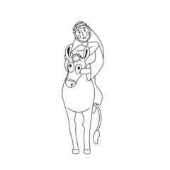 A vector illustration of Mary on a donkey led by Joseph on their travels to Bethlehem