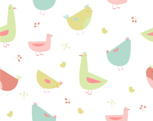 Print. Vector pattern with hens, chickens, ducks and geese. On the farm. Domestic bird. Seamless background with farm birds. 