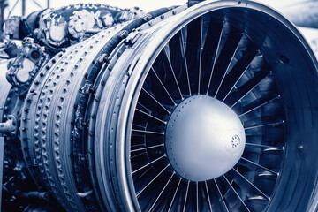 Closeup detail of turbine airplane engine blades, toning blue color