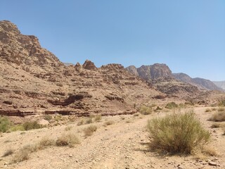 Fototapeta na wymiar Dana, la plus grande réserve naturelle de Jordanie, marche en plein milieu d'une zone montagneuse rouge et blanche, avec un peu de verdure et de la forte chaleur, sans ombre, parcourir desert et herbe