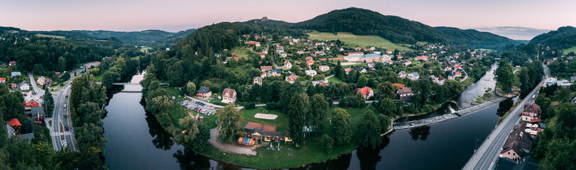 Fototapeta na wymiar panorama landscape with river and village