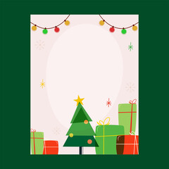 Greeting Card Template Layout With Flat Christmas Elements And Copy Space On White Background.