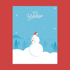 Happy Holidays Greeting Card With Cartoon Snowman, Xmas Trees On Blue Falling Snow Background.