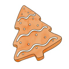 drawing christmas tree traditional ginger cookie, new year decor, hand drawn illustration