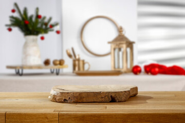 Christmas wooden table with a vacant seat and a lift with a shadow on the wall 
