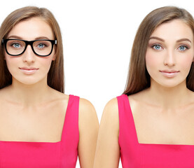 Girl wearing black glasses and girl without glasses