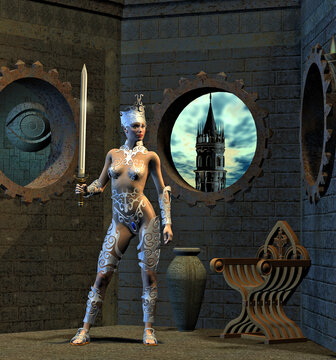 warrior queen with sword inside the castle, throne hall, fantasy woman, 3d illustration