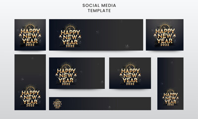 Social Media Template And Banner Collection With Golden 2022 Happy New Year Text, Wall Clock, Wineglasses On Black Background.