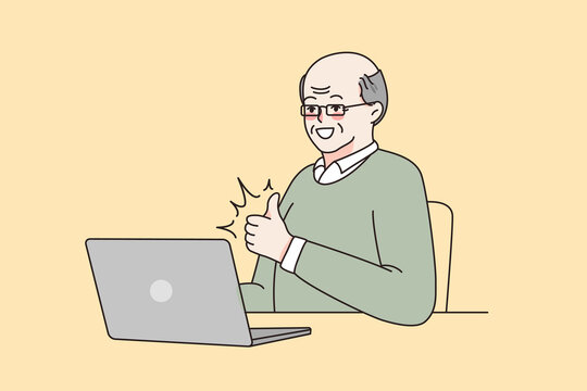 recommend clip art: Working in internet and technologies concept. Smiling mature elderly man in glasses sitting at laptop showing thumb up sign with finger vector illustration 