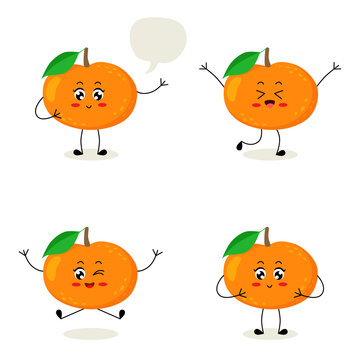 Cute set of mandarin character in different poses and emotion. Funny fruit character in cartoon style. Vector illustration isolated on a white background.