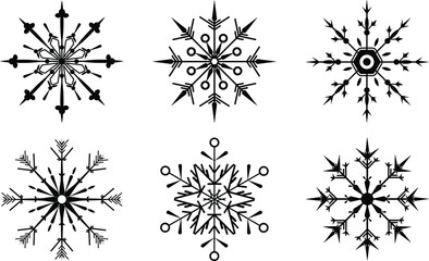 snowflake winter set black isolated six icon silhouette on white background