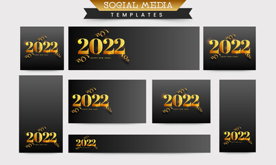 Social Media Templates Layout With Golden 2022 Happy New Year Font And Curl Ribbons On Black Background.
