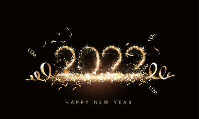 2022 Number Made By Sparkle Lights With Golden Swirl Ribbons On Black Background For Happy New Year Concept.