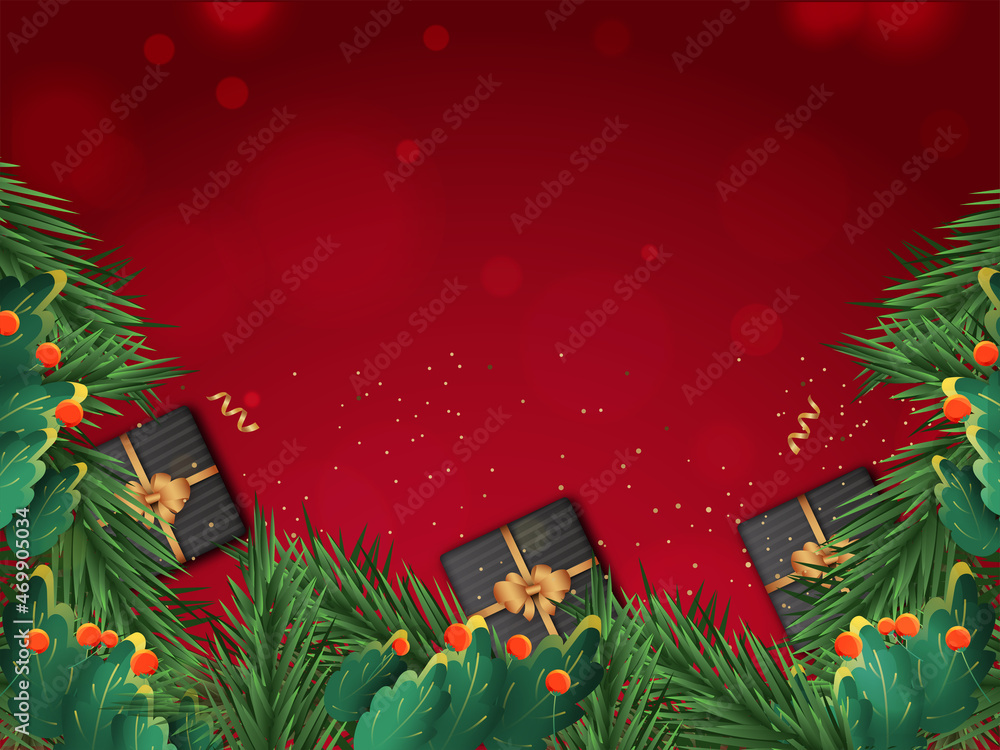 Canvas Prints Top View Of Gift Boxes With Berries, Green Leaves Decorated Red Bokeh Background And Copy Space.