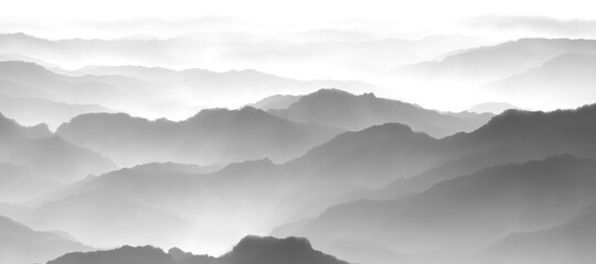 mountains in the fog