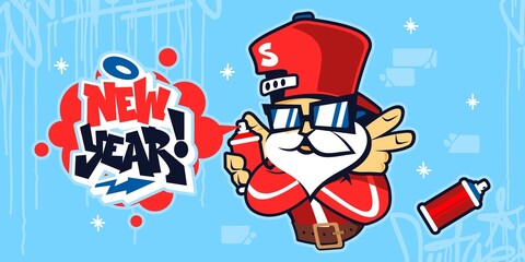 Naklejka premium Cartoon Hiphop Urban Style Santa Claus Spraying Graffiti New Year Vector Illustration Art