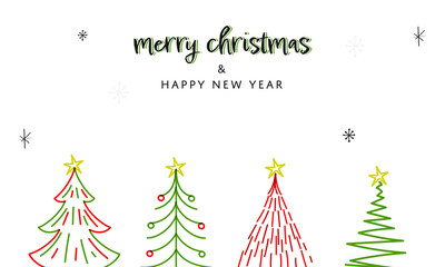 Merry Christmas And New Year Concept With Line Art Various Type Xmas Tree On White Background.